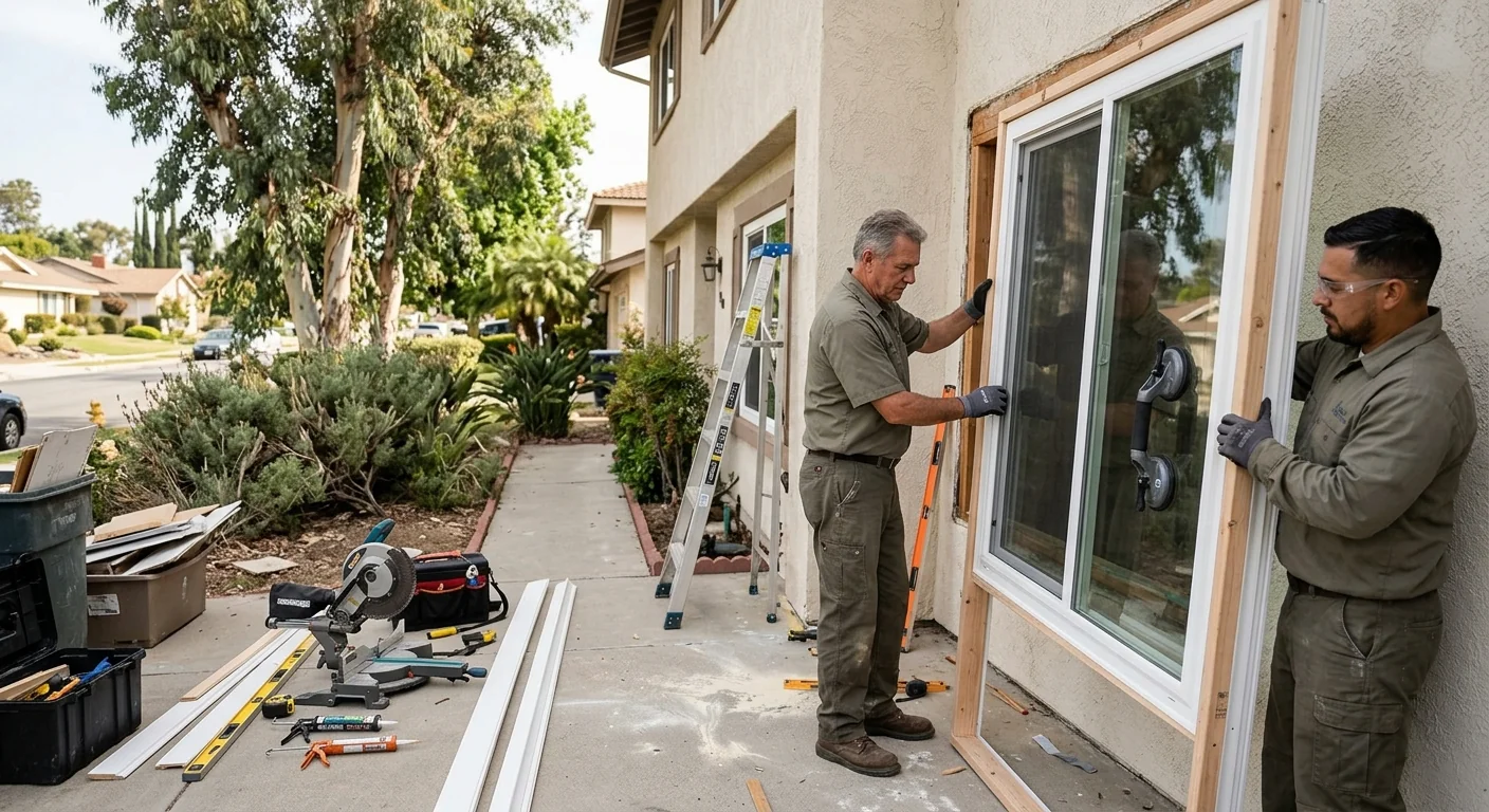 Technician measuring a double hung window frame in a Whittier home for replacement pricing