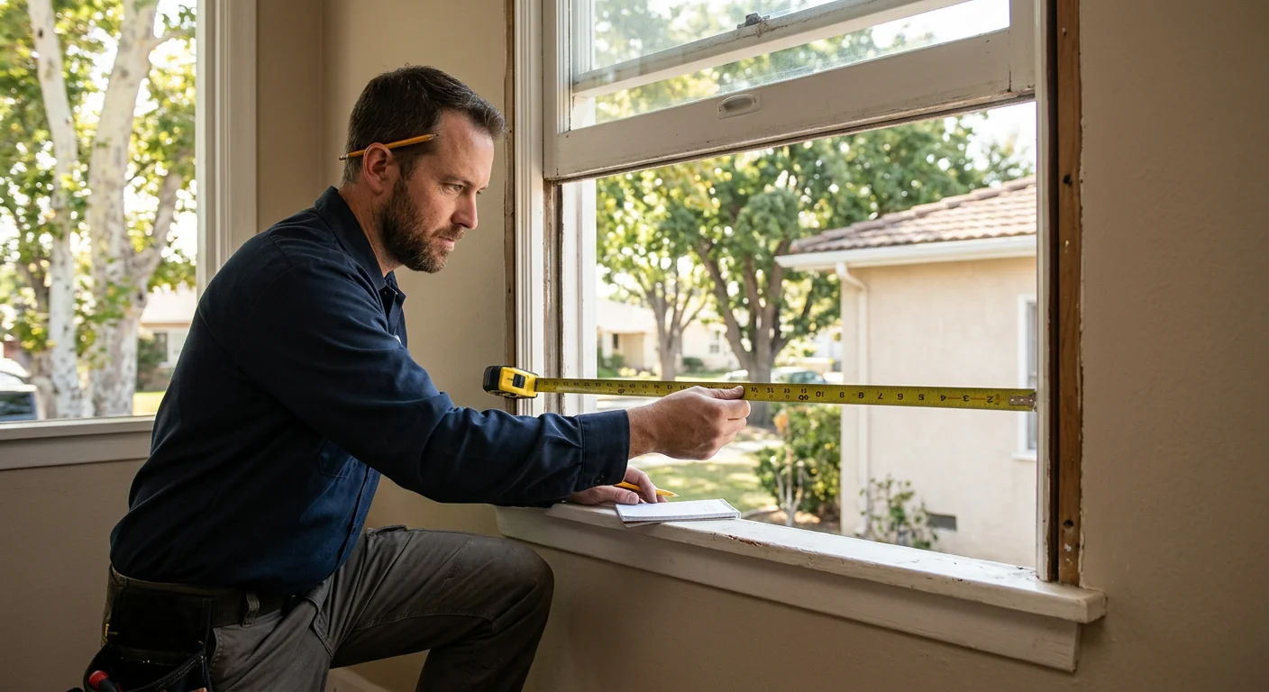 Technician measuring a double hung window opening in a Whittier home