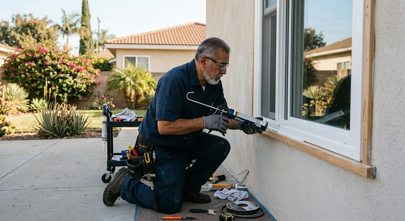 Installer sealing and weatherstripping a replacement window frame