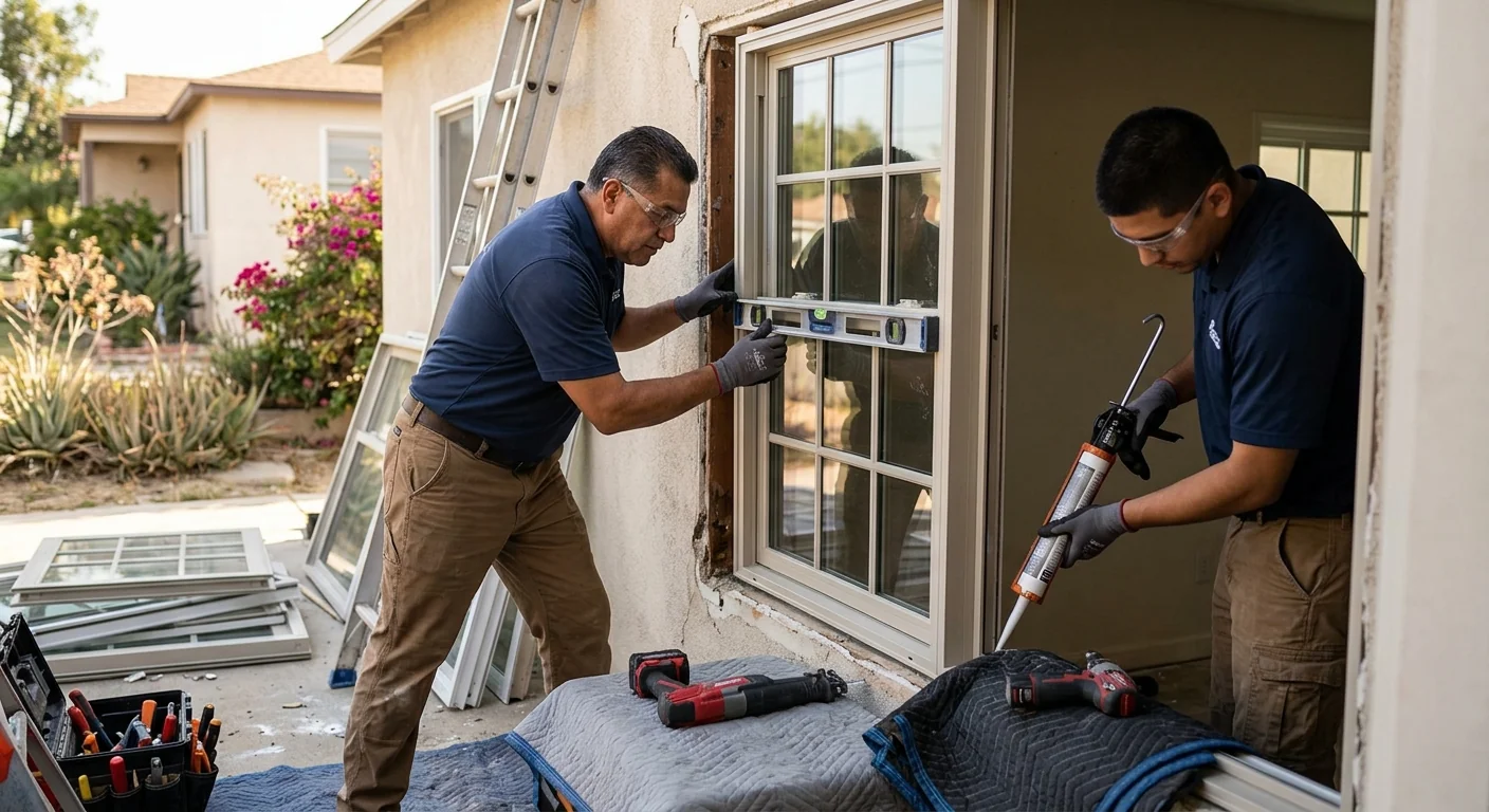 Installer setting a new double hung window in a Whittier home