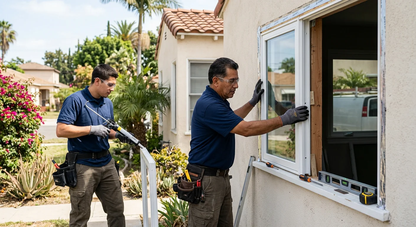 Technician measuring a basement opening for egress window installation in a Whittier home