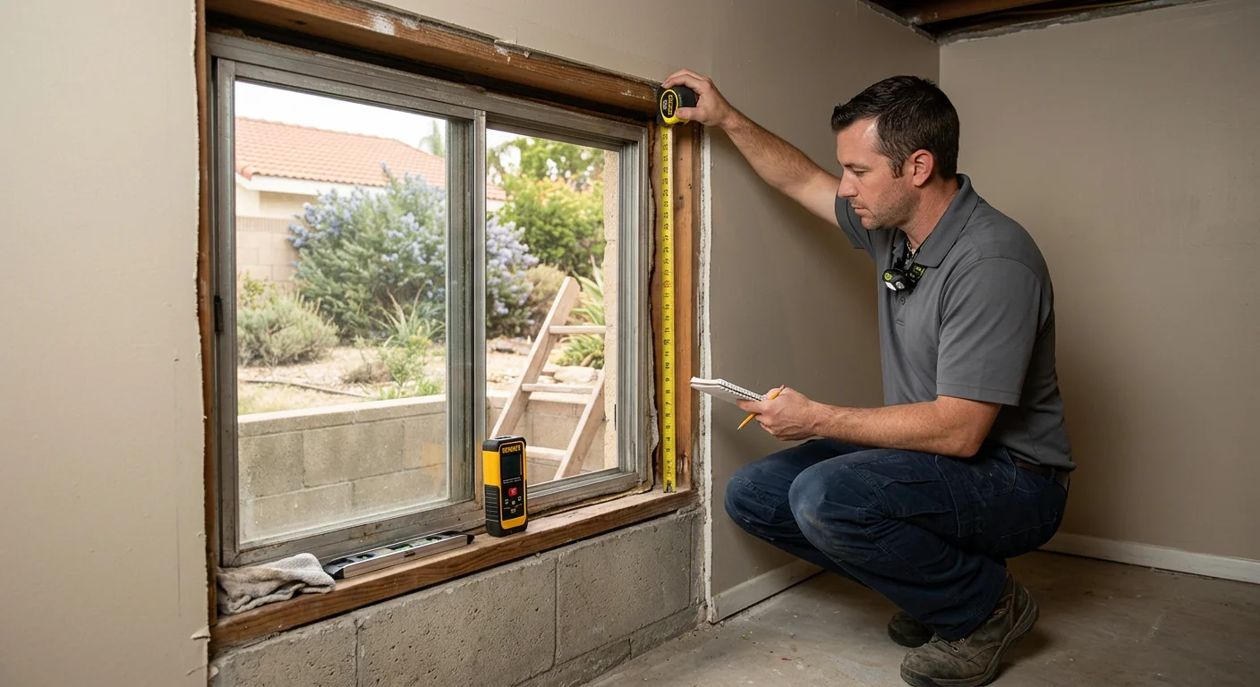 Technician measuring clear opening dimensions for an egress window in a Whittier basement