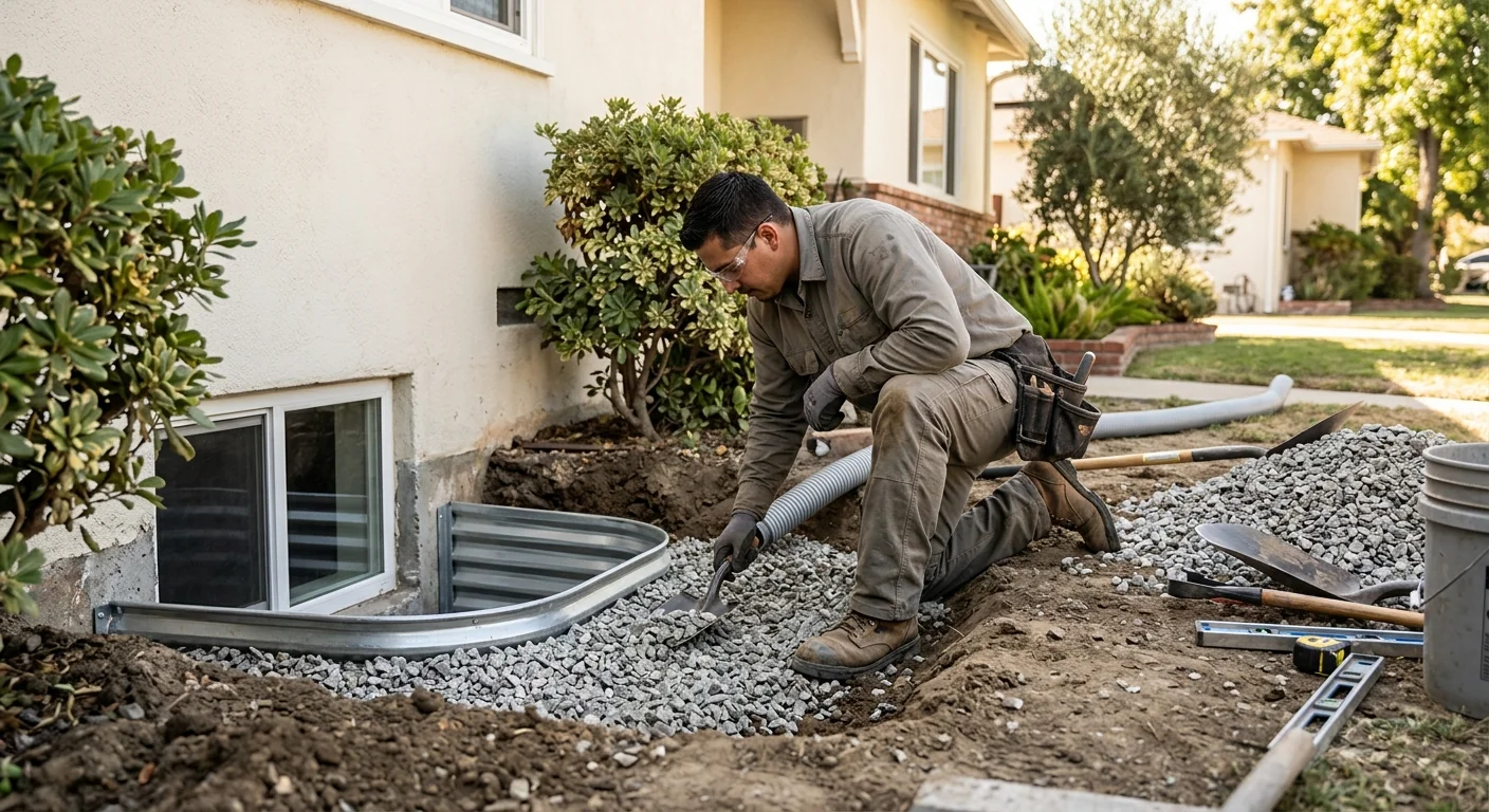 Excavated window well with gravel drainage beside a lower-level Whittier home