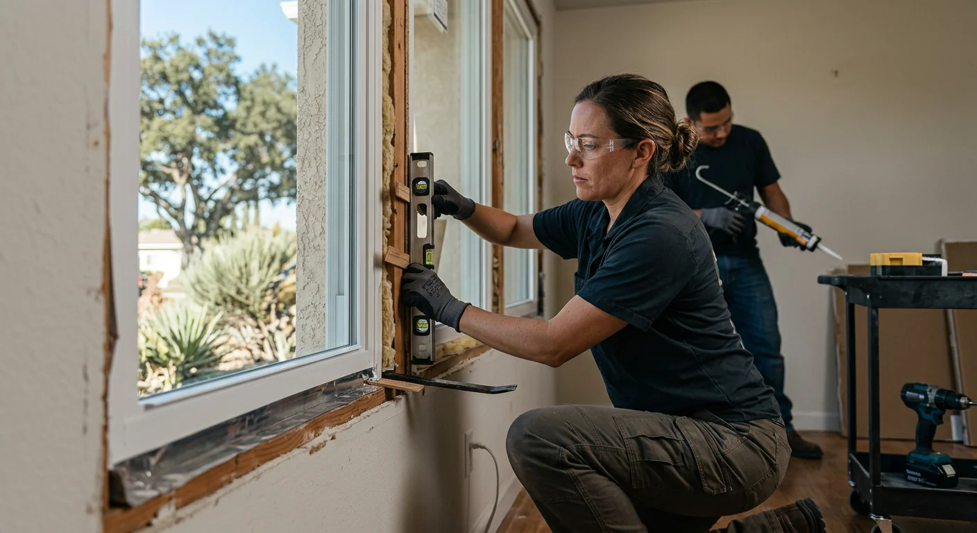 Technician sealing a new egress window frame during installation