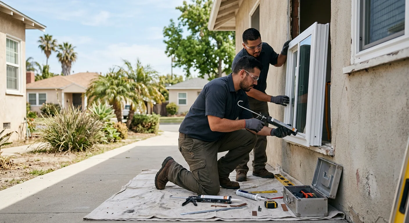 Technician measuring an energy efficient window frame on a Whittier home