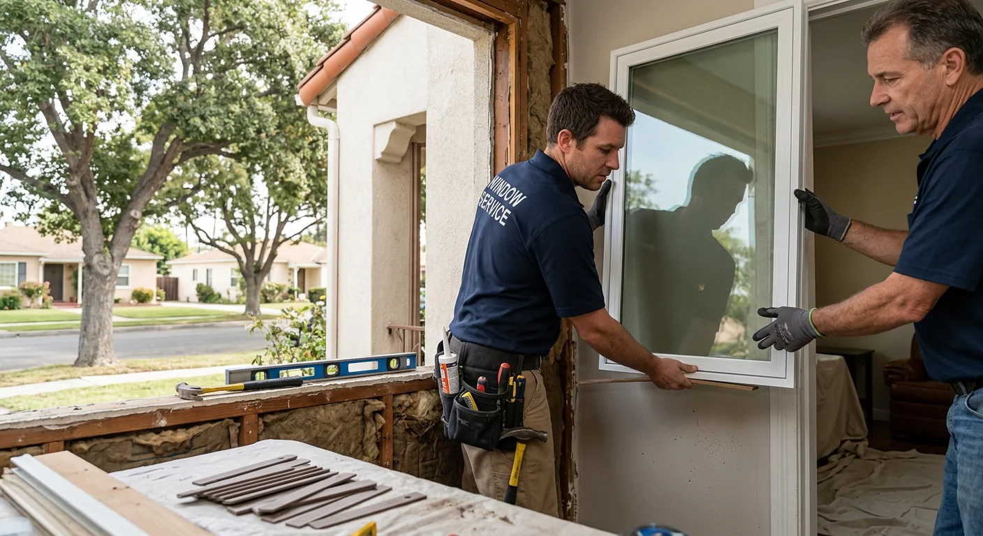 Technician installing energy efficient dual-pane window in a Whittier home