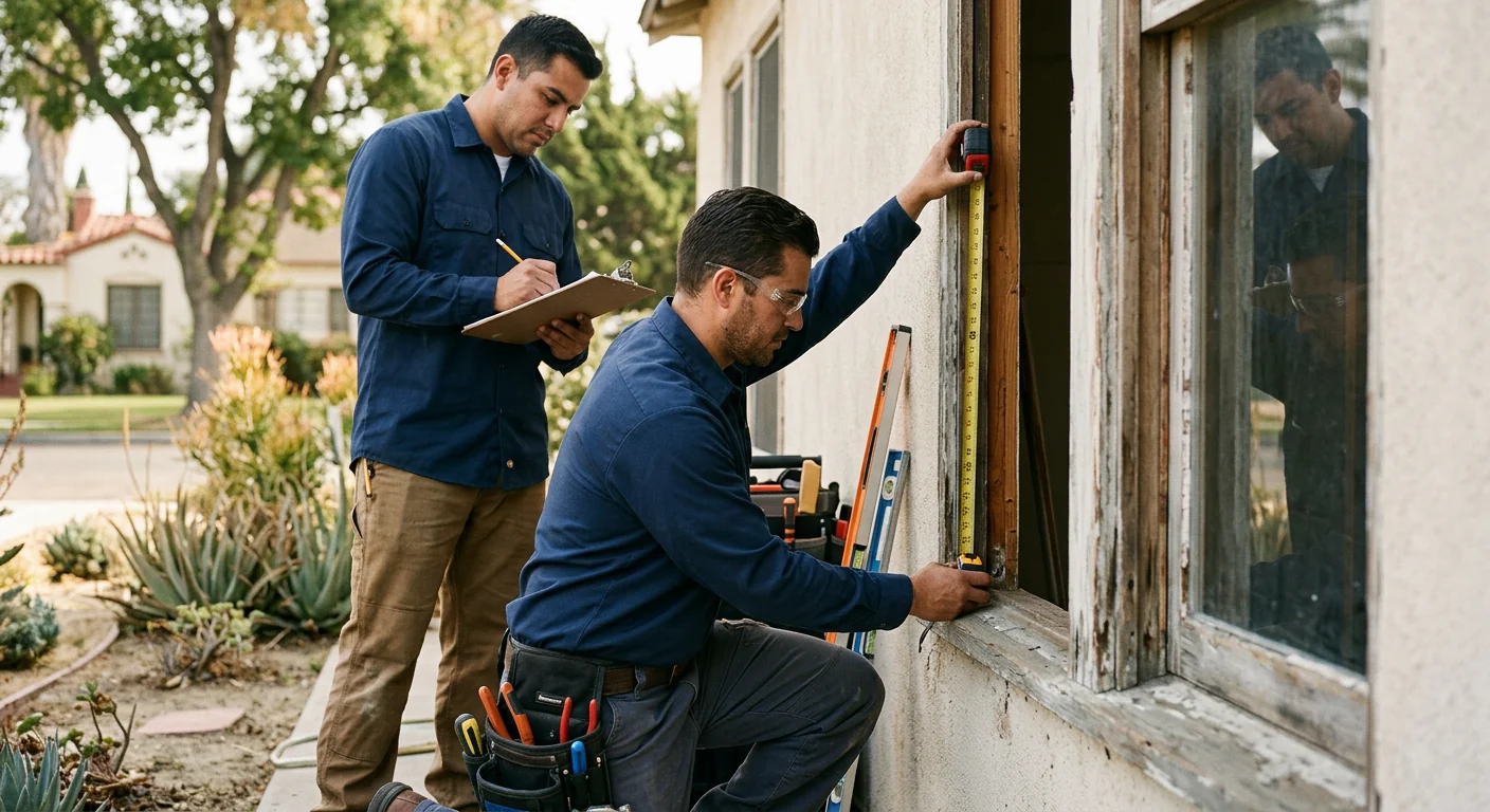 Crew measuring a rough opening before window replacement in Whittier