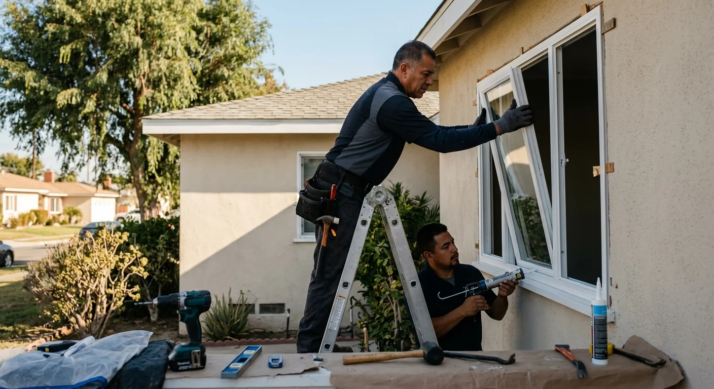 Technician measuring a patio sliding glass door track during a Whittier home assessment