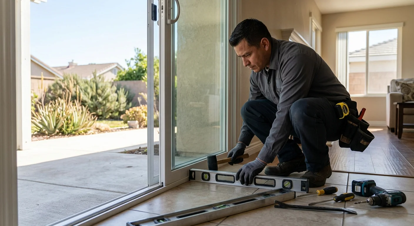 Technician aligning a new sliding glass door track in a Whittier home