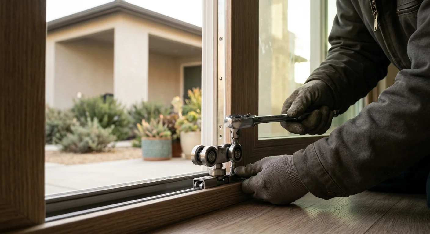 Close-up of stainless roller hardware on a replacement patio door
