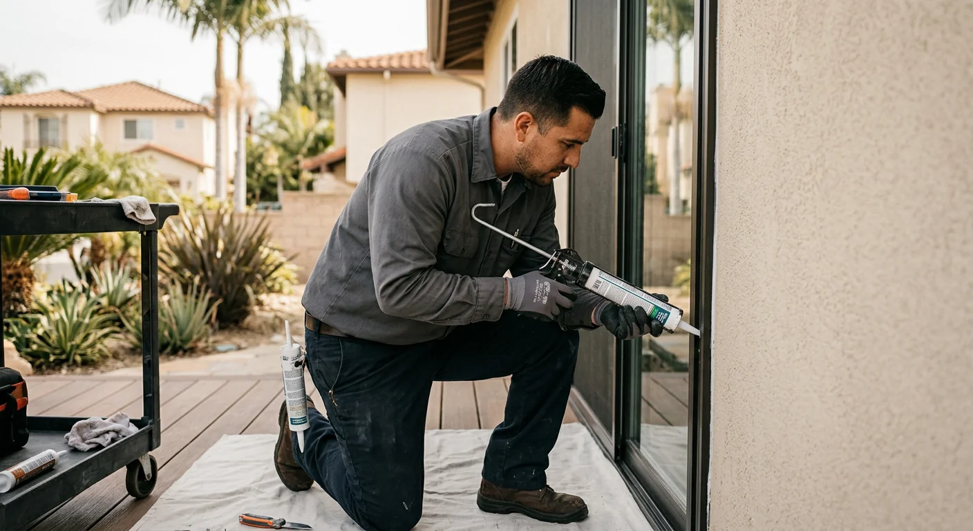Installer sealing sliding door frame with weatherproof caulk in Whittier