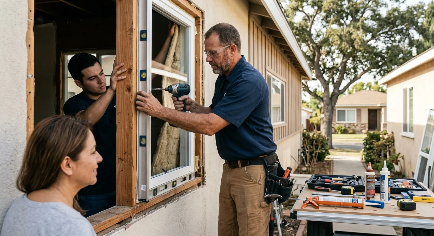 Installer aligning a new sliding glass door panel in a Whittier living room