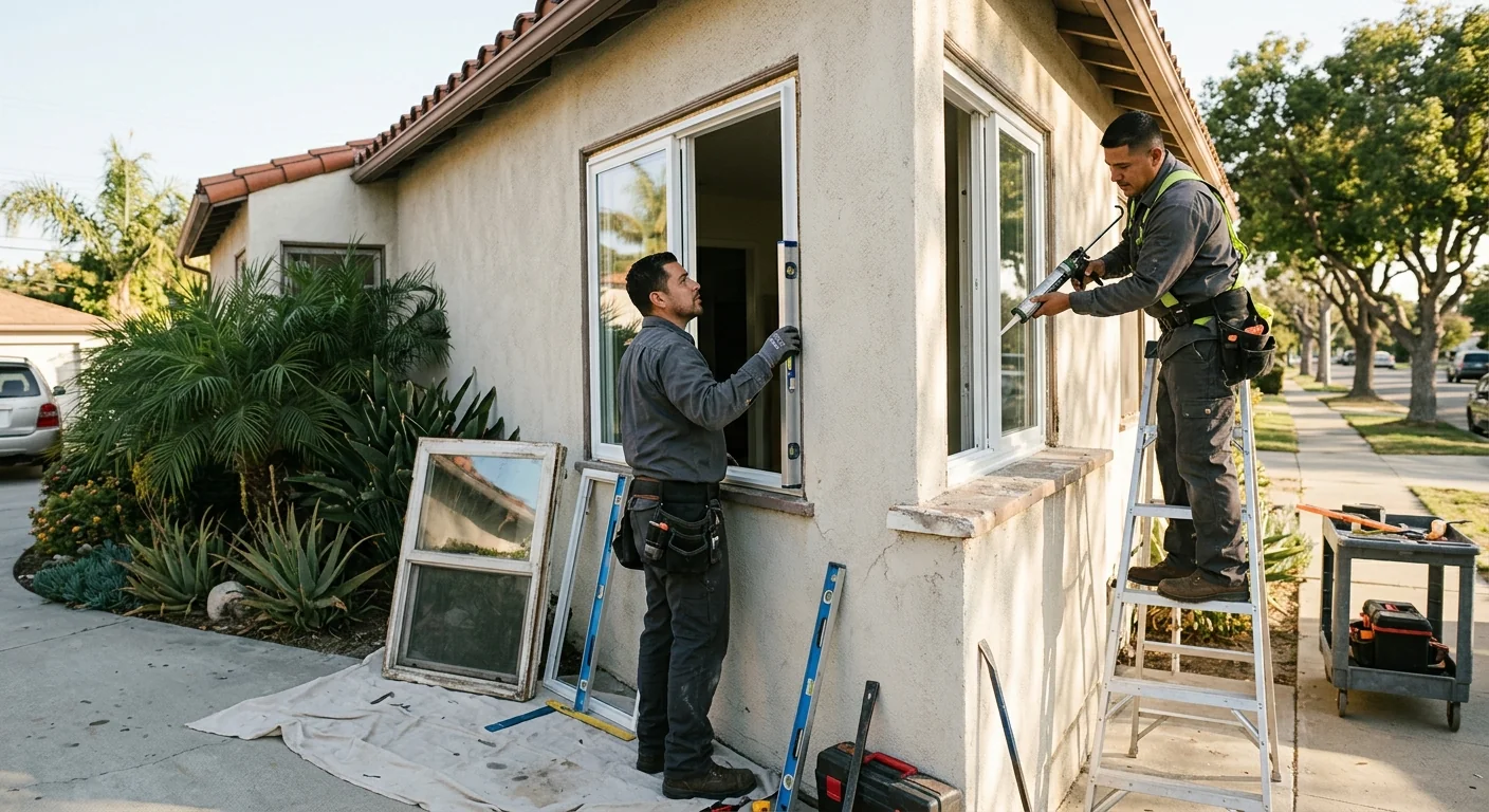 Technician testing sliding door lock and weatherstripping after install