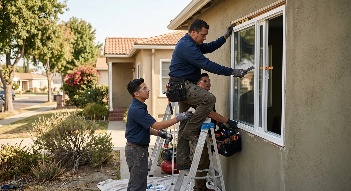 Technician measuring a window opening for glass replacement in a Whittier home