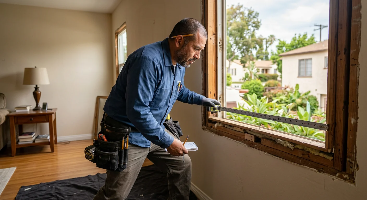 Technician measuring a window opening for new glass in a Whittier home