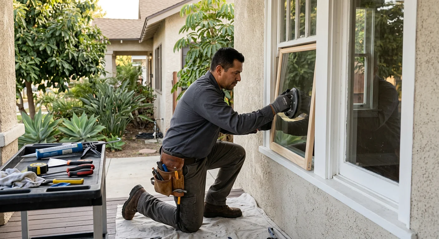 Installer fitting a low-E pane into an existing residential window sash