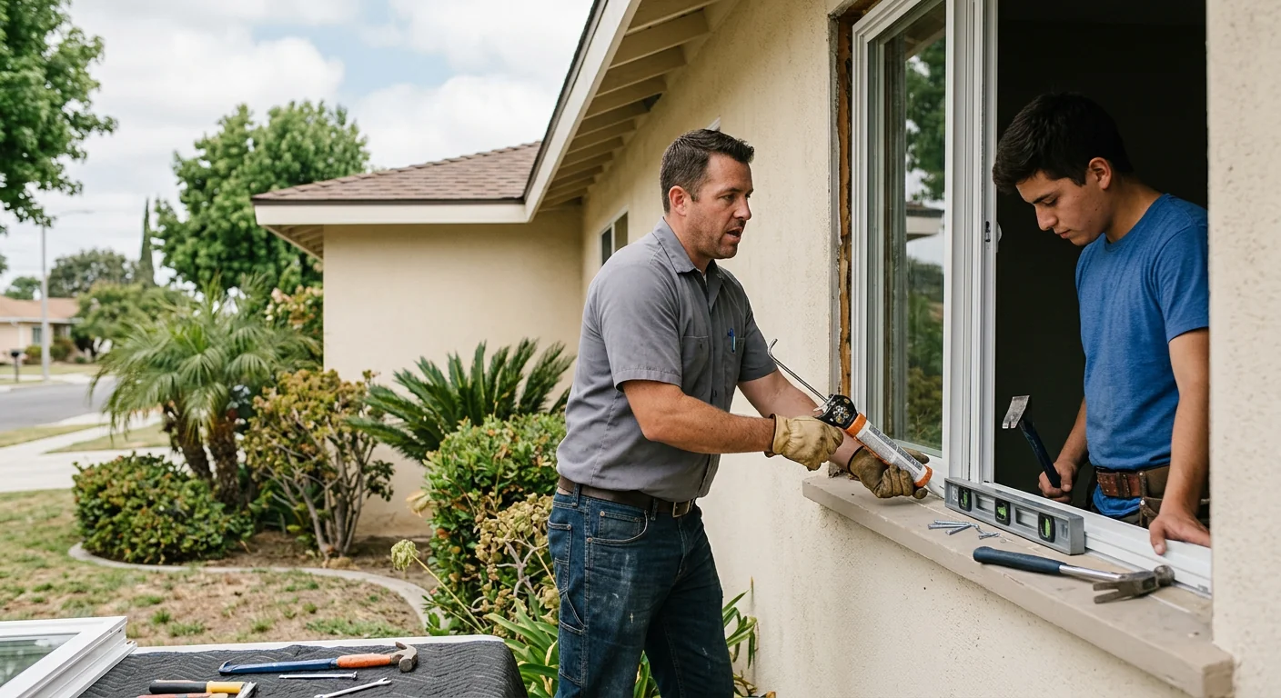 Technician inspecting a damaged window sash on a Whittier home before repair