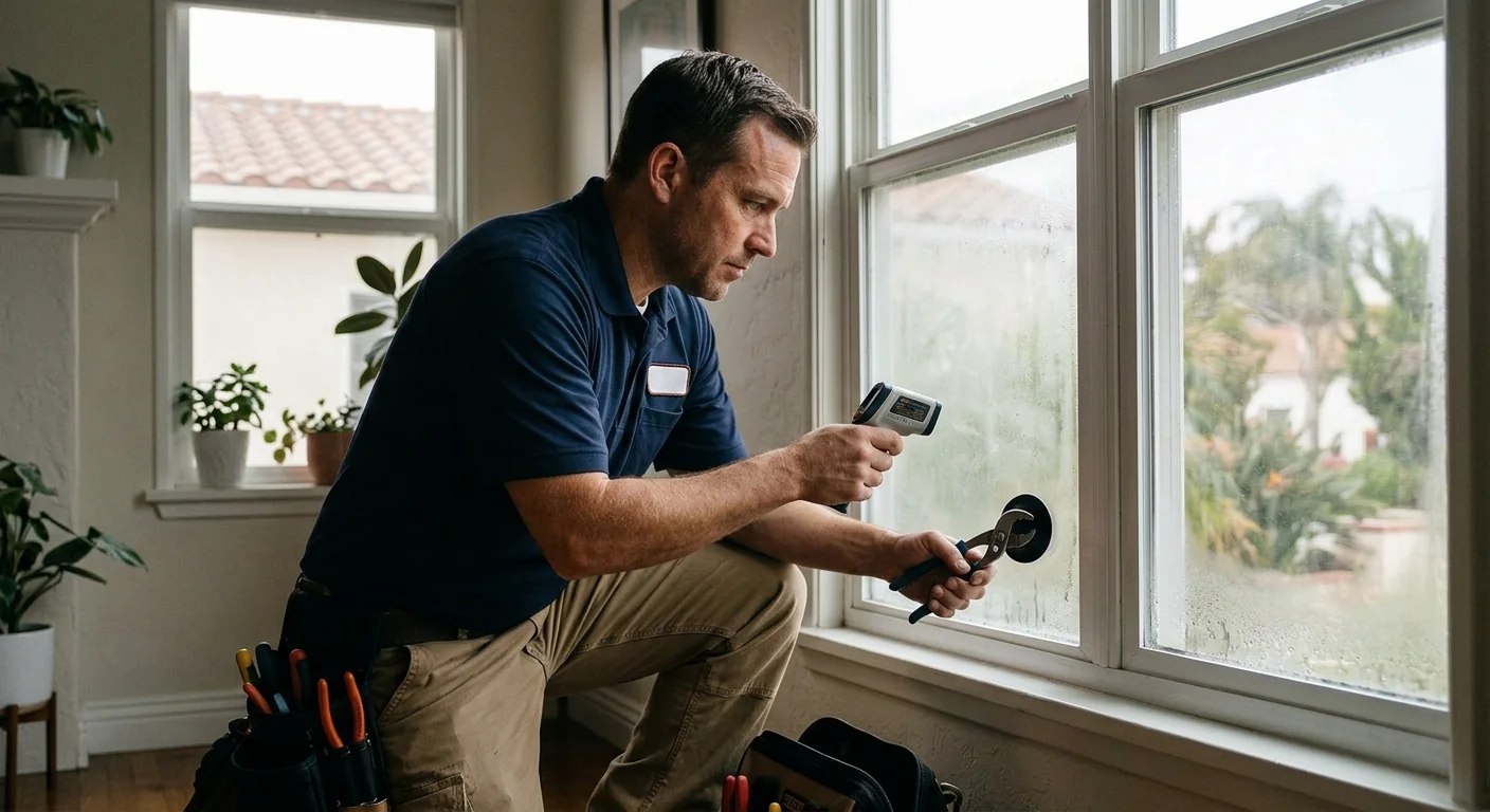 Technician inspecting a foggy double pane window in a Whittier home