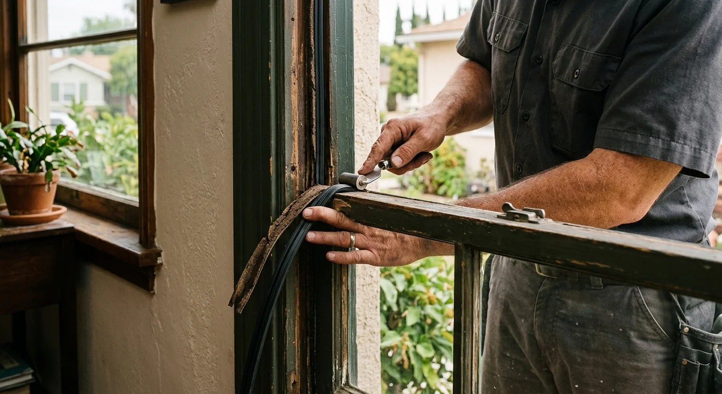 Close-up of worn weatherstripping being replaced on a wood sash window