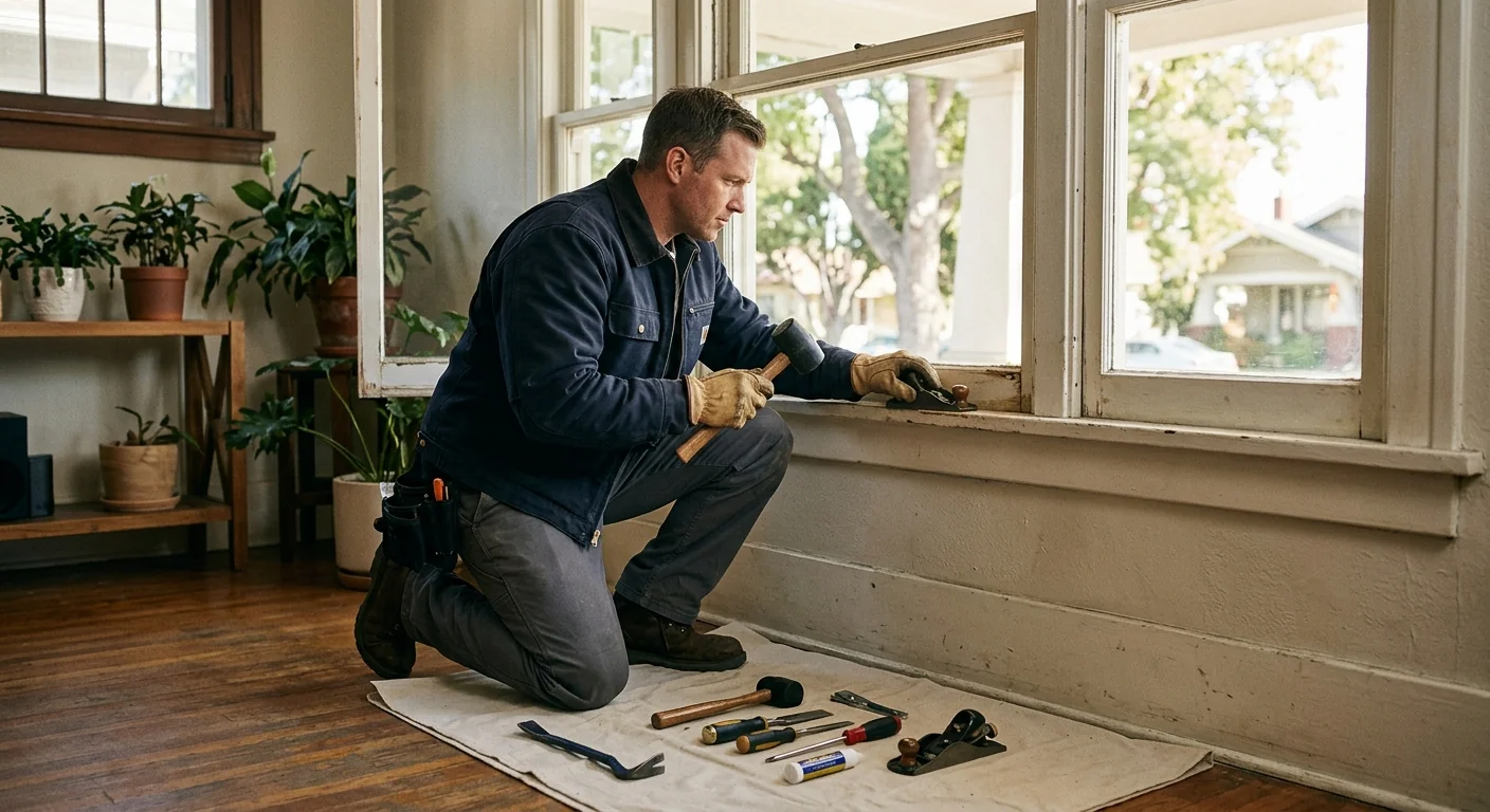 Repair specialist realigning a sticking window sash in an older bungalow