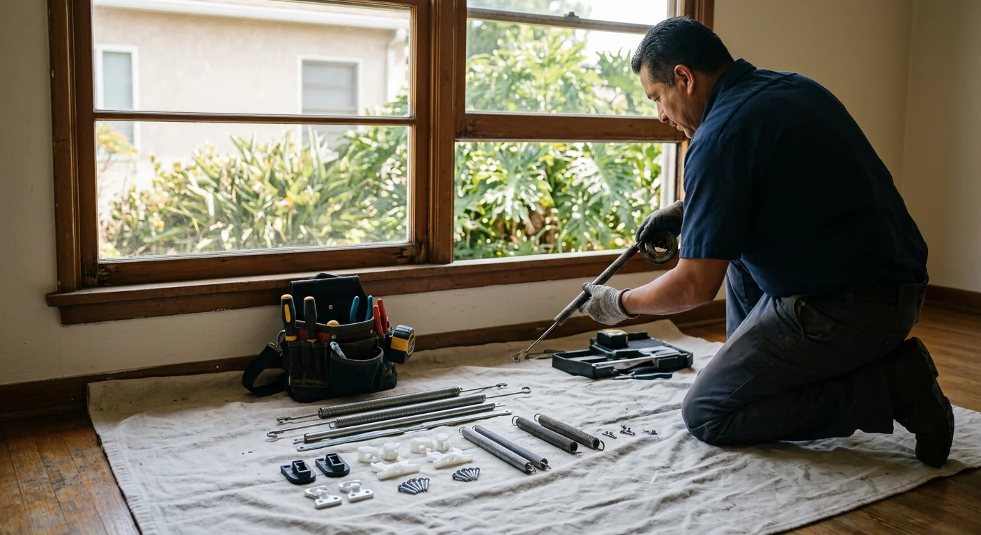 Hardware and balance parts laid out for a window repair in Whittier