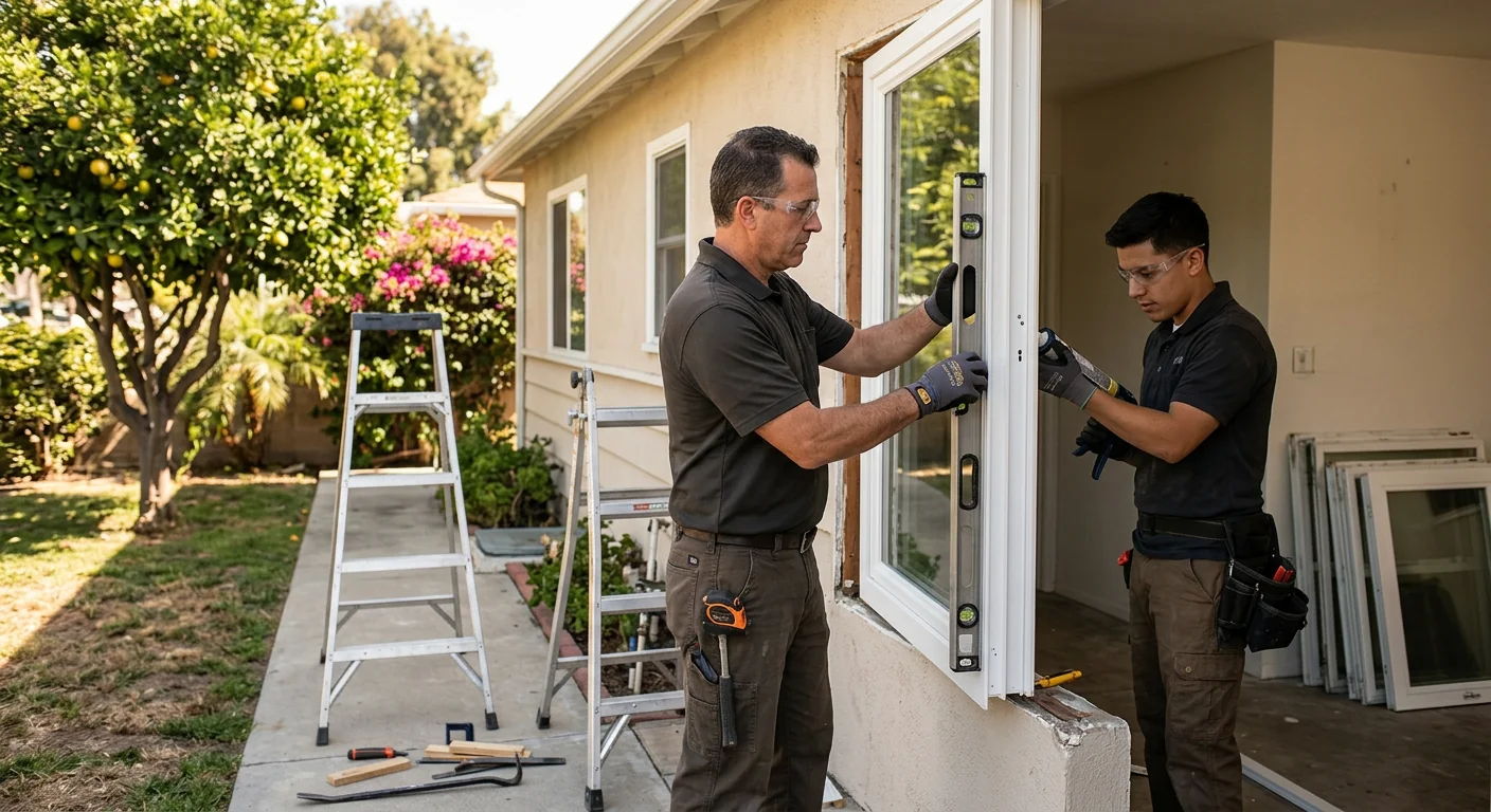 Technician repairing a window sash in a Whittier living room