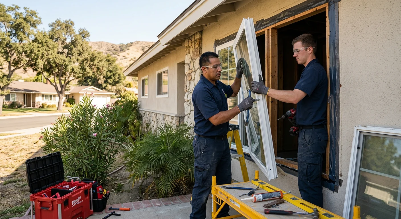 Window replacement team preparing a new frame at a Whittier residence