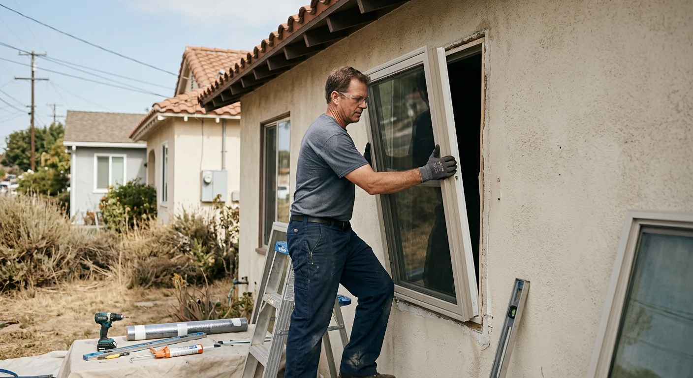 Technician measuring a rough opening during a Whittier window replacement project
