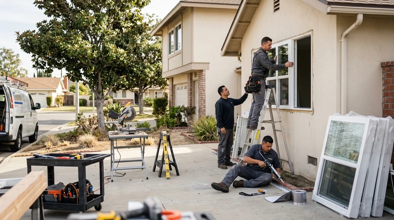 Installer fitting an energy efficient window in a Whittier neighborhood house