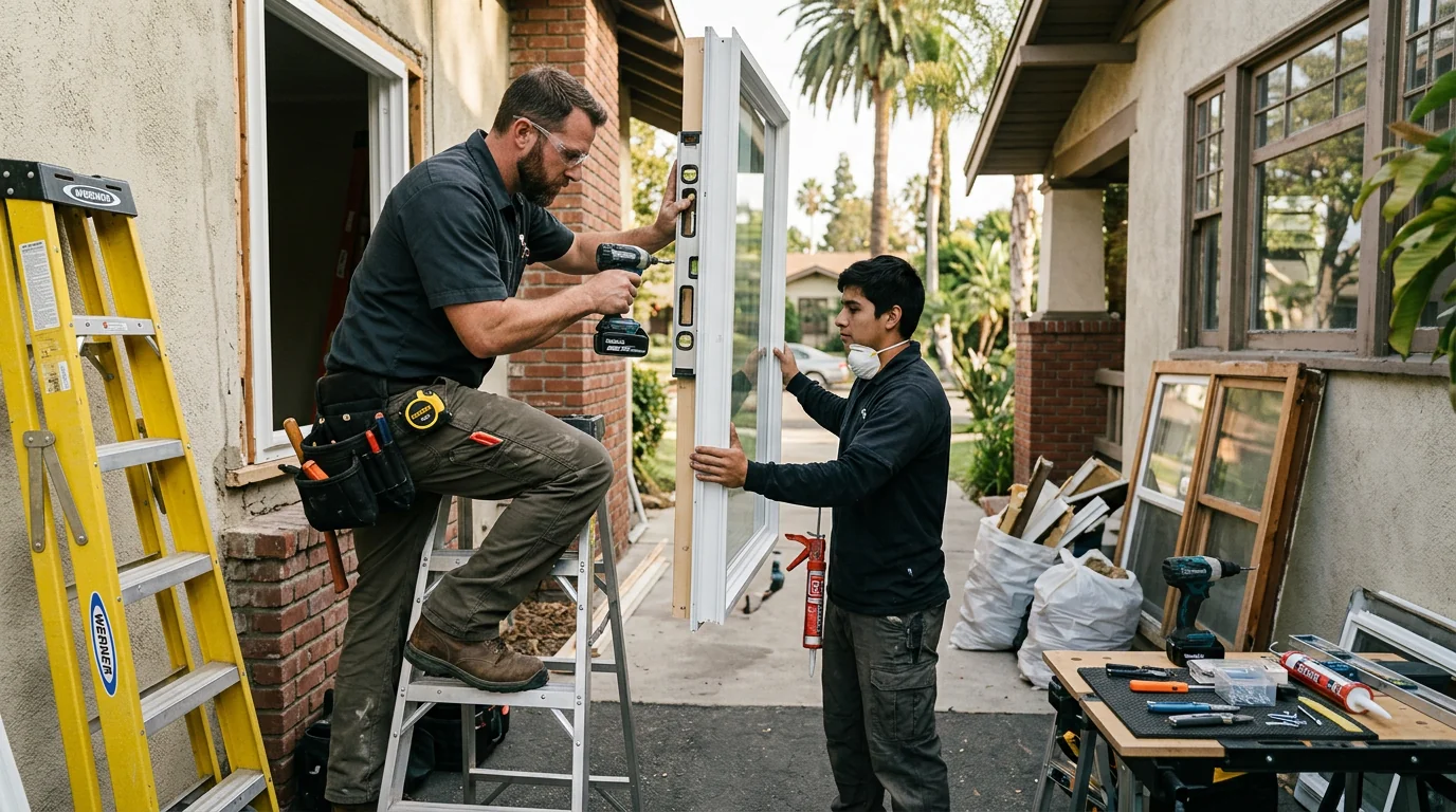 Technician measuring a window frame inside a Whittier home