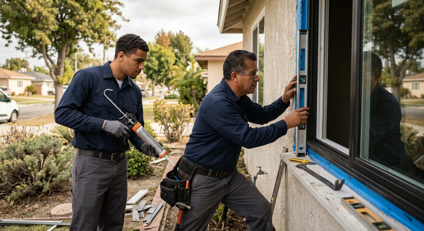 Whittier window replacement technician reviewing finished installation with a homeowner
