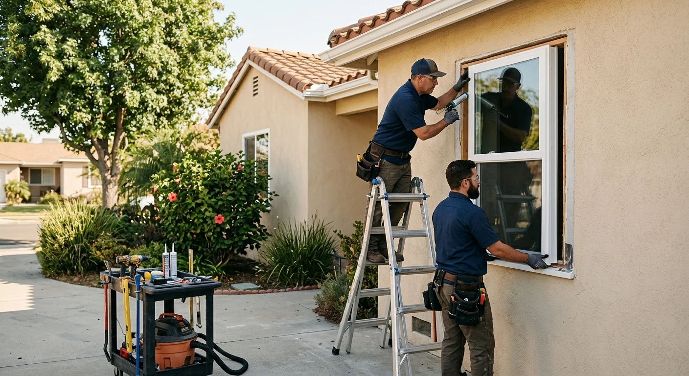 Technician measuring a living room window during a home consultation in Whittier