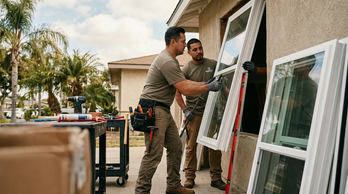 Technician inspecting a foggy double-pane window in a Whittier home